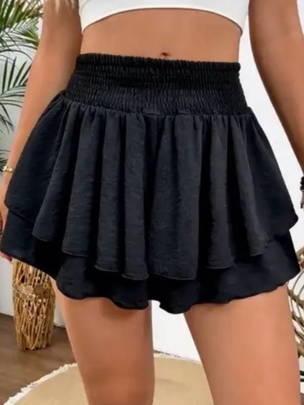 Black Smocked Waist Ruffle Skort Plus Size